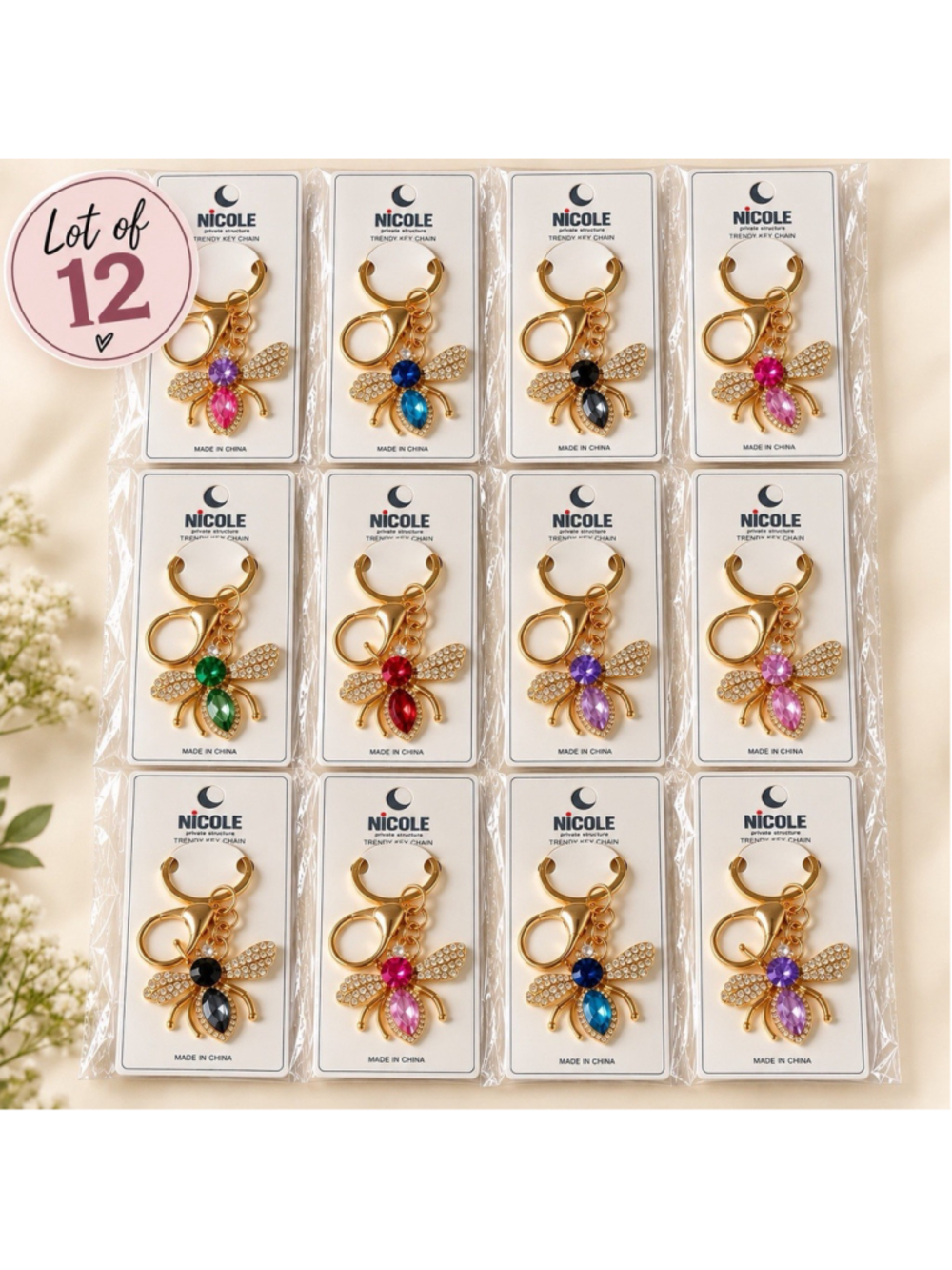 Lot of 12 Rhinestone Bee Keychains Purse Bag Charms Gold Tone Colorful New